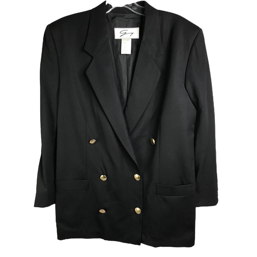 Genny Blazer Jacket Womens Sz 10 Black Double Breasted Suit Gold Buttons Classic